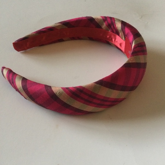 BIEN ABYE FUCHSIA MADRAS PLAID SILK HEADBAND PINK RED GOLD NWOT